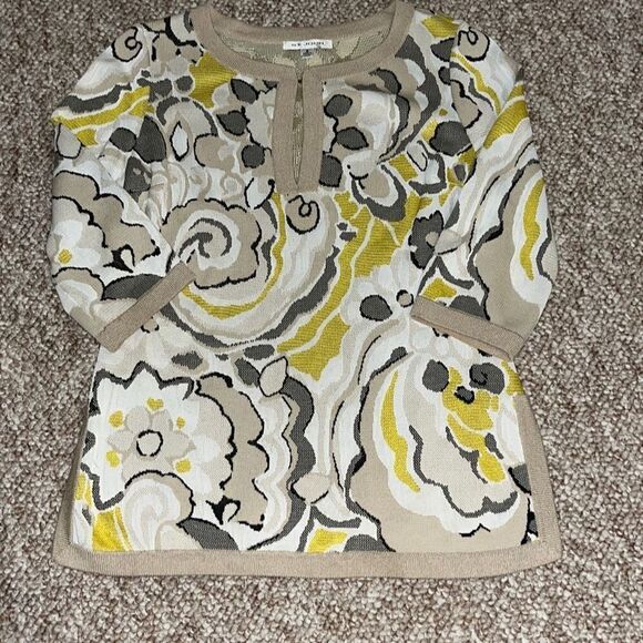ST. JOHN Yellow White Black Abstract Floral Wool Blend Knit Pullover Small - Picture 6 of 13